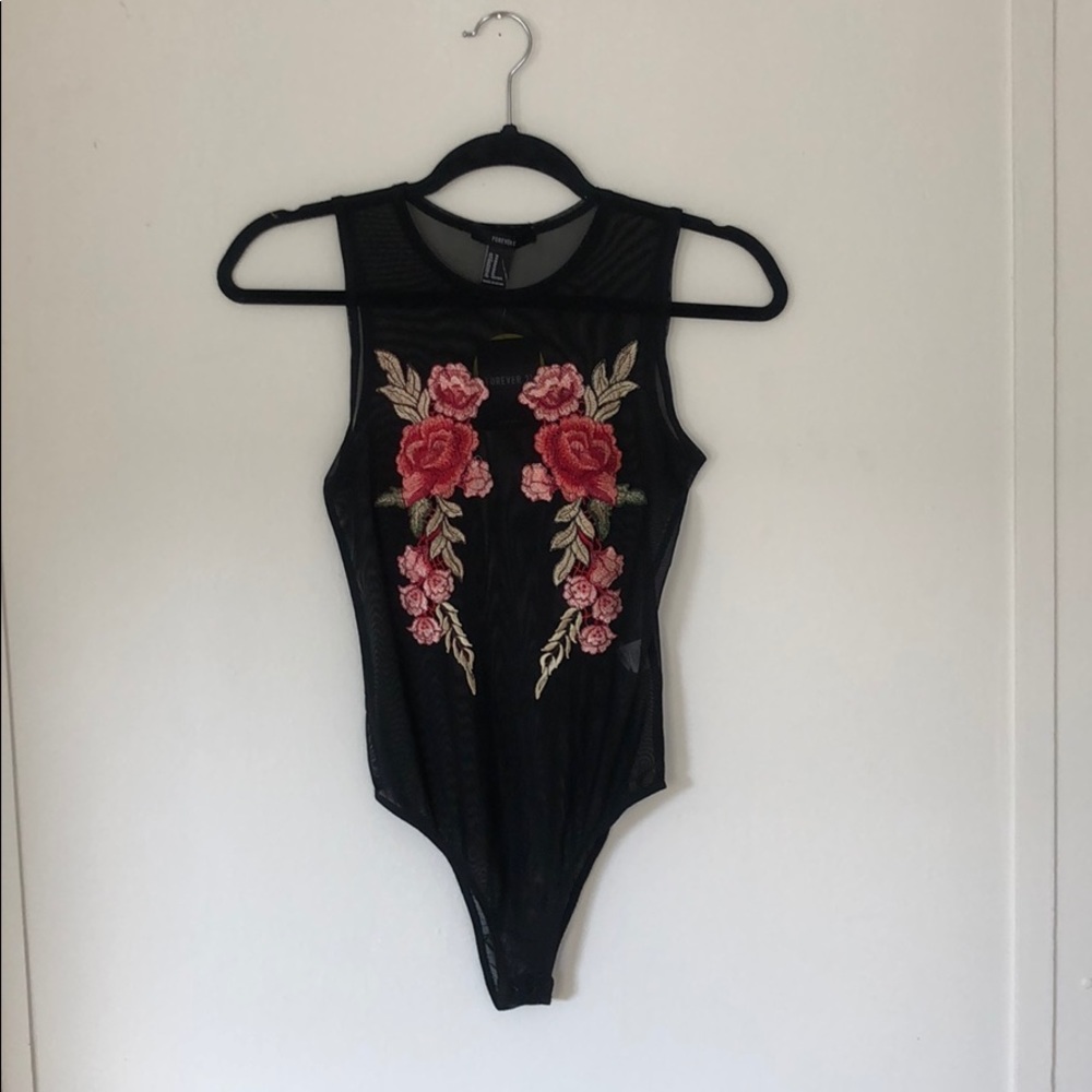 Sheer black flower body suit